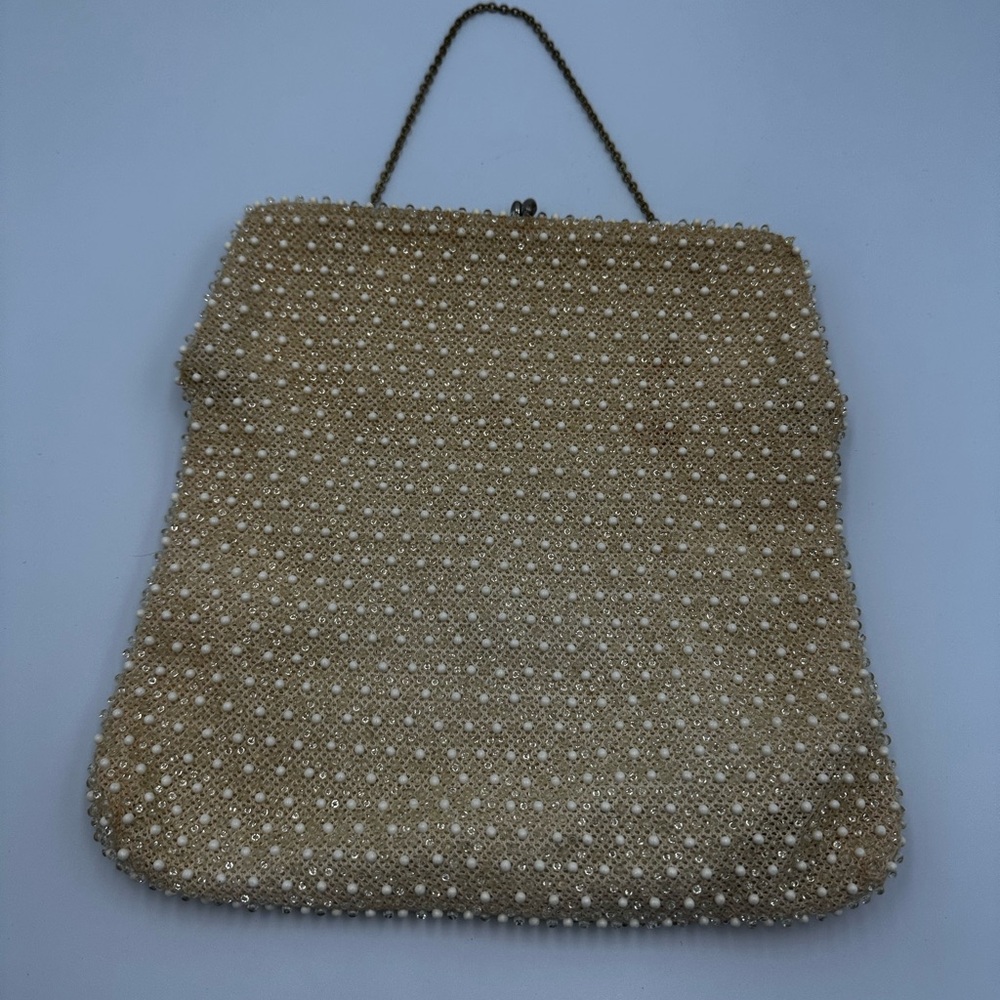 Vintage Corde-Bead Purse Handbag Ivory Beaded Evening Bag